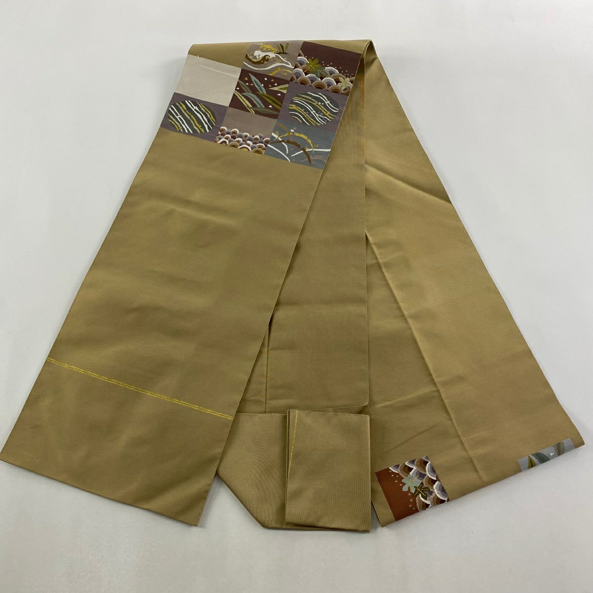 名古屋帶 秀品級 市松樹 波 金絲 綴織 黃土色 純蠶絲