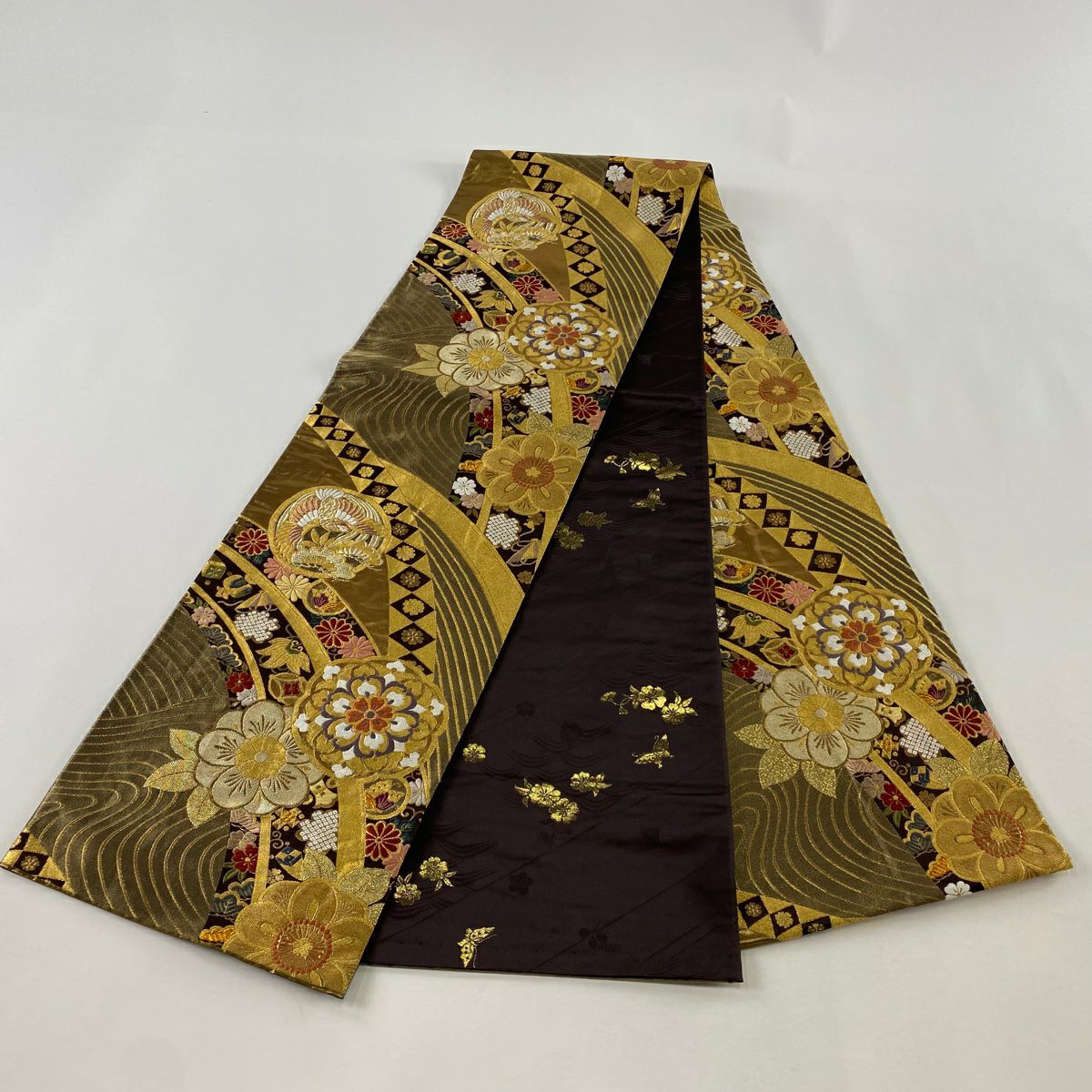 【美品】 袋帶 秀品級 華紋 寶盡くし 金絲 金金箔 茶 全通 純蠶絲