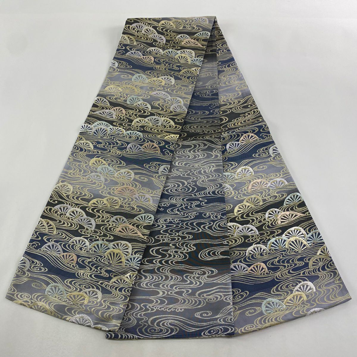 【美品】 袋帶 名品級 片輪車 流水 金糸 刺繡 青灰 深藍 六通 純蠶絲