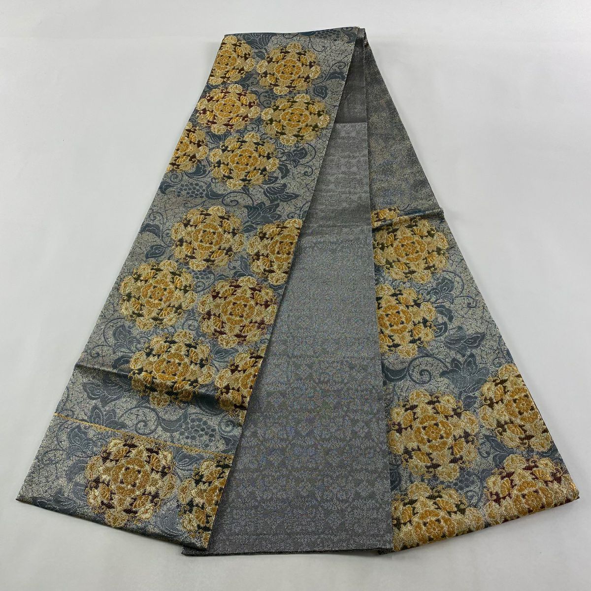 【美品】 袋帶 名品級 華紋 葡萄 金銀糸 金金箔 青灰 深藍色 六通 純蠶絲