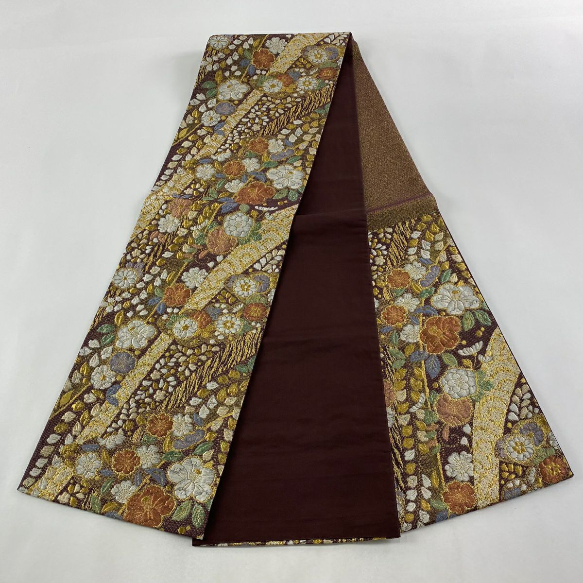 【美品】 袋帶 名品級 辻花染圖案 雲文 茶紫 六通 純蠶絲