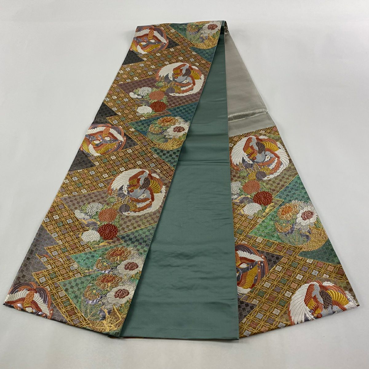 【美品】 袋帶 名品級 鳳凰 草花紋紋 金金箔 金銀彩 青綠 六通 純蠶絲