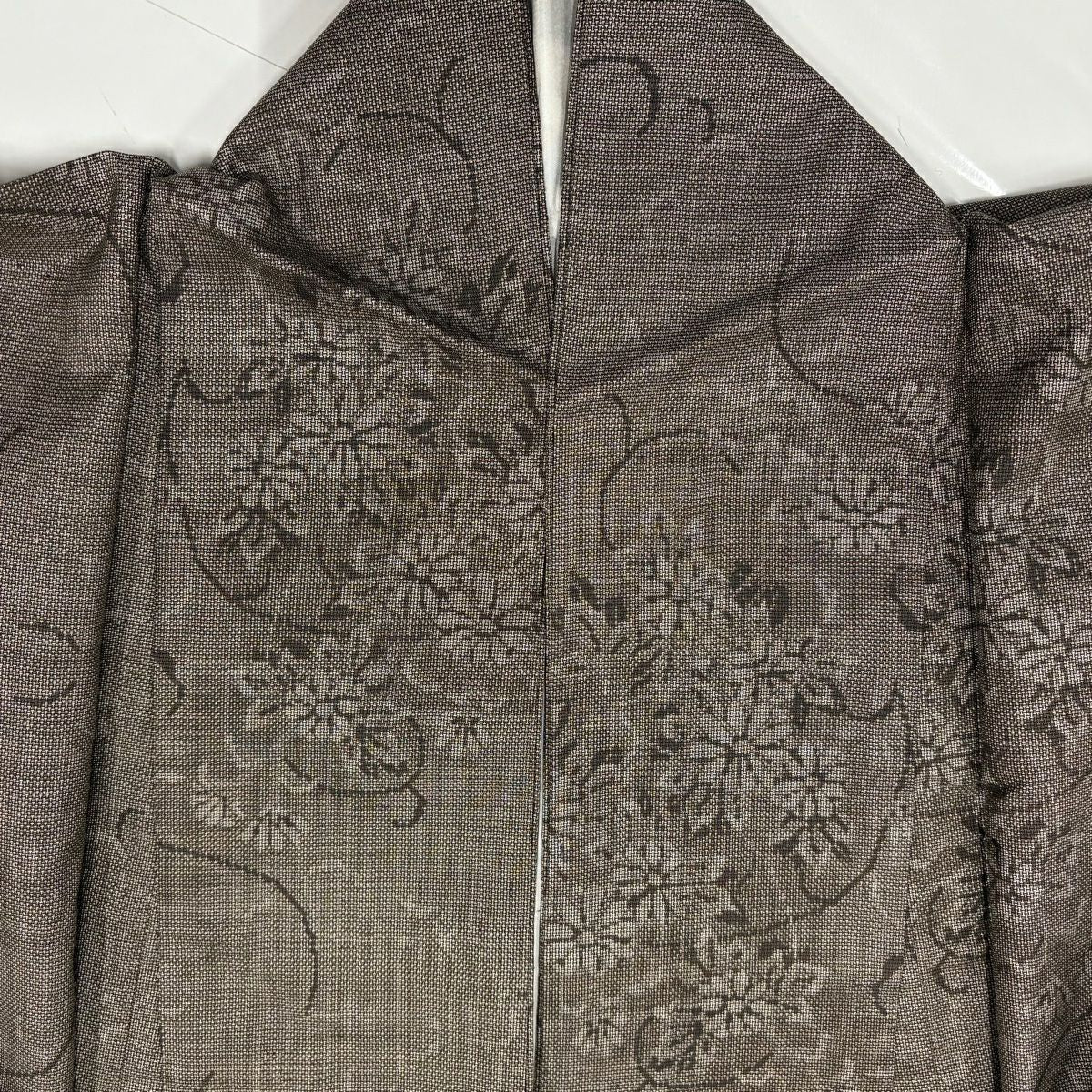 【美品】 紬織織 身長164cm 袖長62cm S 雙層 草花紋紋 唐草紋 焦茶 純蠶絲 秀品級