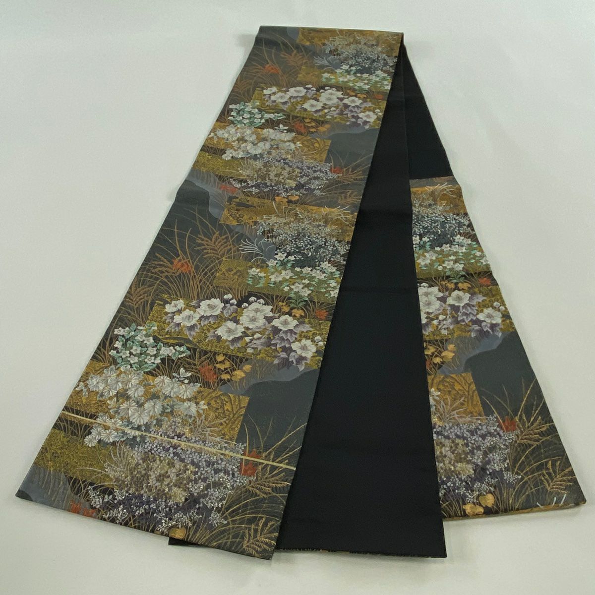 【美品】 袋帶 秀品級 夢幻花橫短冊文 草花紋紋 蘆葦 金金箔 墨 深藍 六通 純蠶絲
