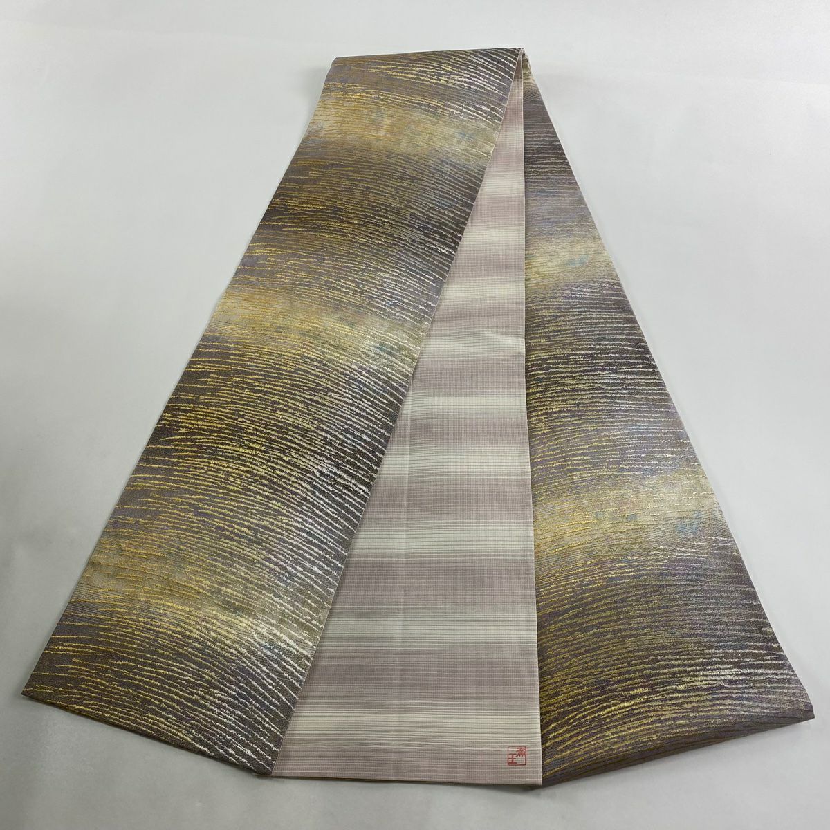 【美品】 袋帶 秀品級 落款あり 幾何學 漸層 金銀線 金金箔 淺紫 全通 純蠶絲