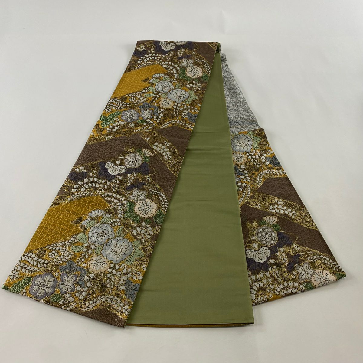 【美品】 袋帶 秀品級 辻花染圖案 幾何學 金金箔 茶 六通 純蠶絲