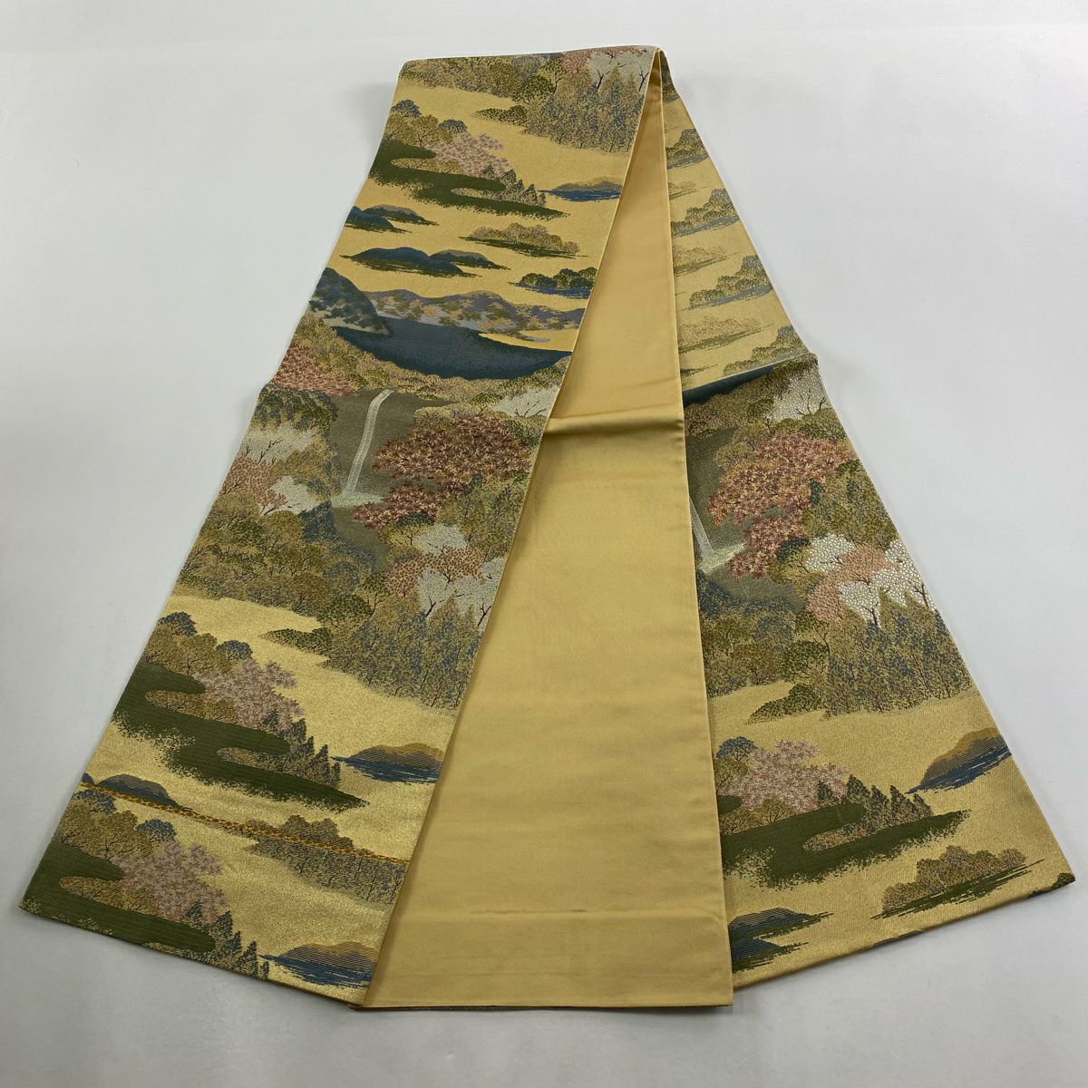 【美品】 袋帶 秀品級 風景 樹木 金絲 金金箔 金色 六通 純蠶絲