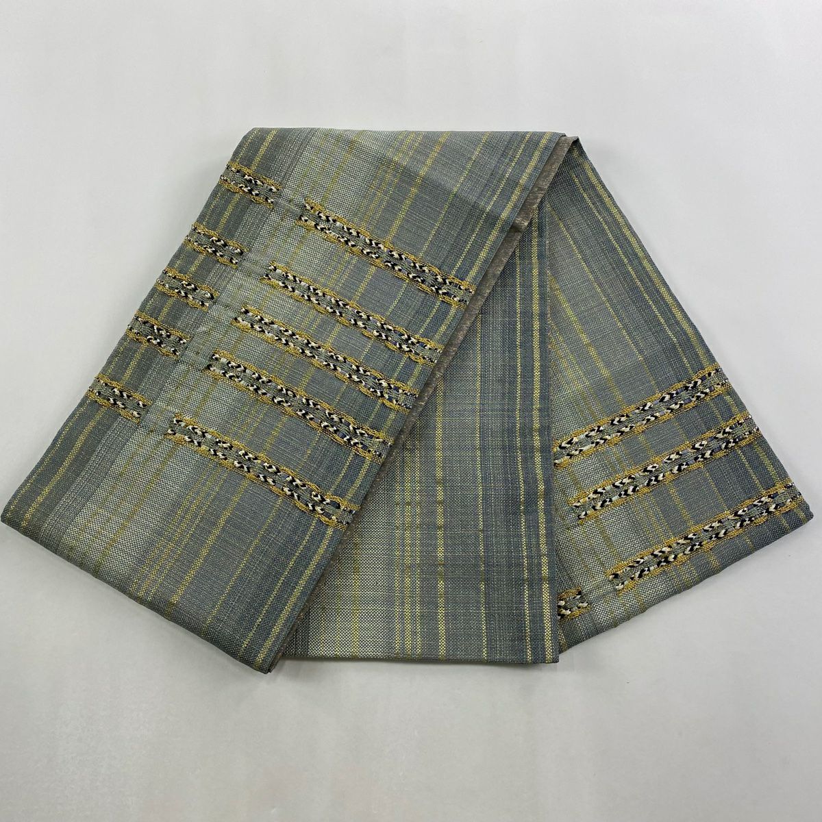 【美品】 袋帶 秀品級 縞 金糸 灰綠 お太鼓柄 純蠶絲