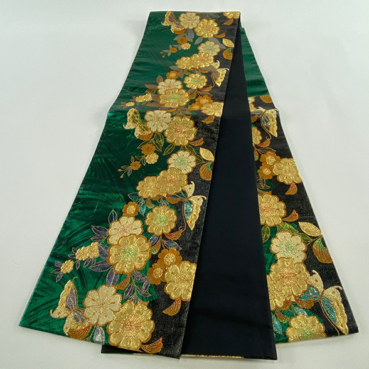 【美品】 袋帶 優品級 振袖禮服禮服用 草花紋紋 蝶 金金箔 金絲 綠 六通 純蠶絲