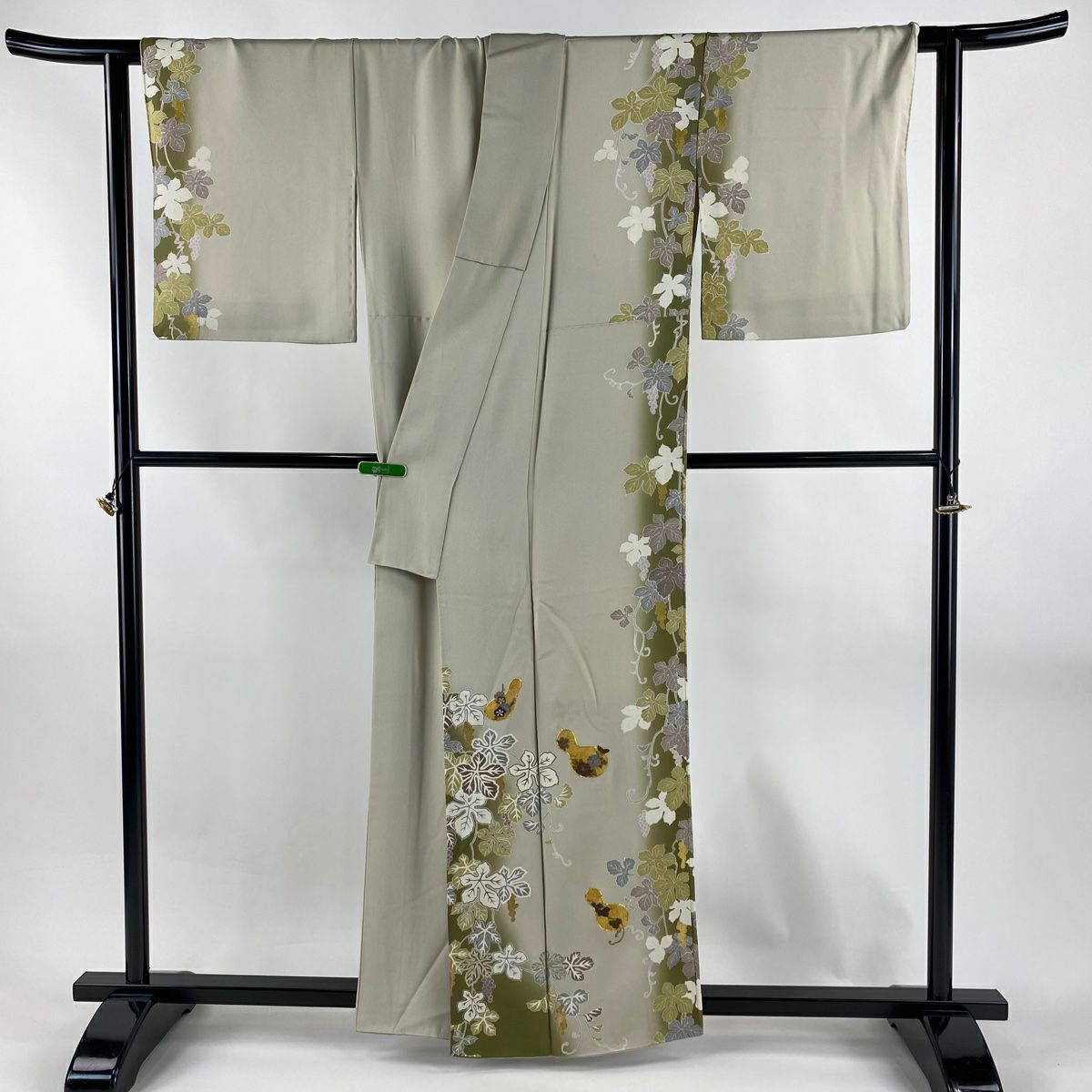 付下 身長159cm 袖長64.5cm M 雙層 瓢箪 葡萄 金糸 刺繡 灰茶 純蠶絲 逸品級