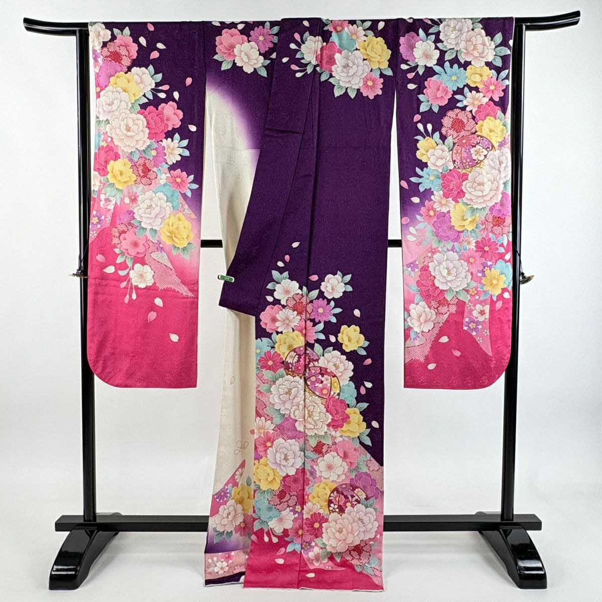 振袖禮服 身長169cm 袖長67.5cm L 雙層 手鞠 牡丹 金通し 金銀彩 紫 純蠶絲 逸品級