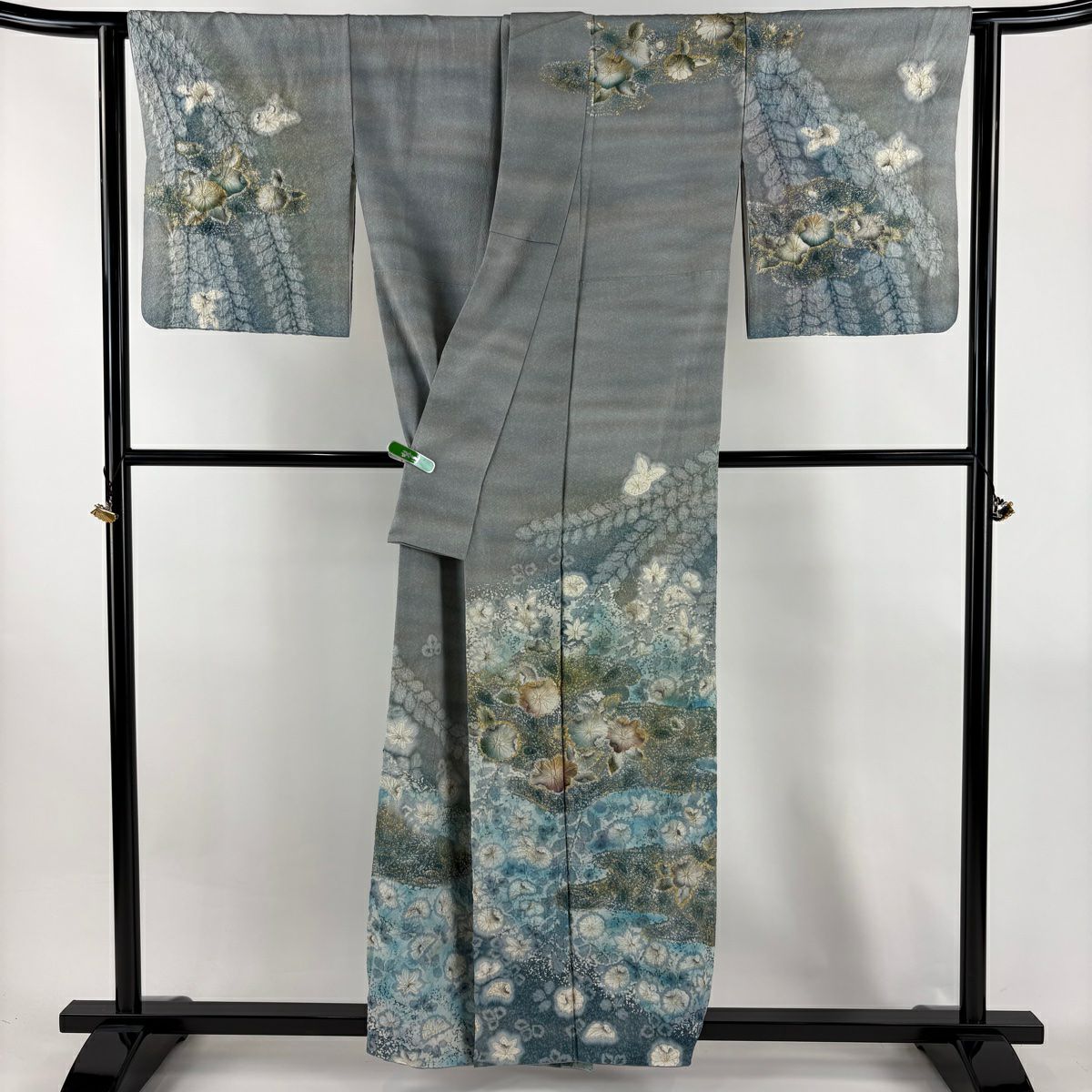 訪問服 身長157cm 袖長65cm M 雙層 落款 草花紋紋 霞 絞染 金銀彩 青灰 純蠶絲 逸品級