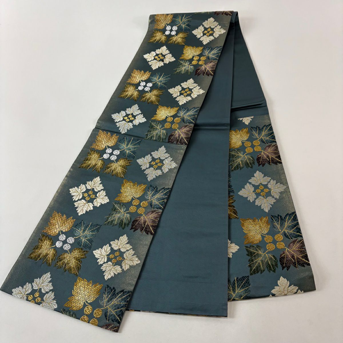【美品】 袋帶 名品級 葉與實 金銀線 唐織 青綠 六通 純蠶絲