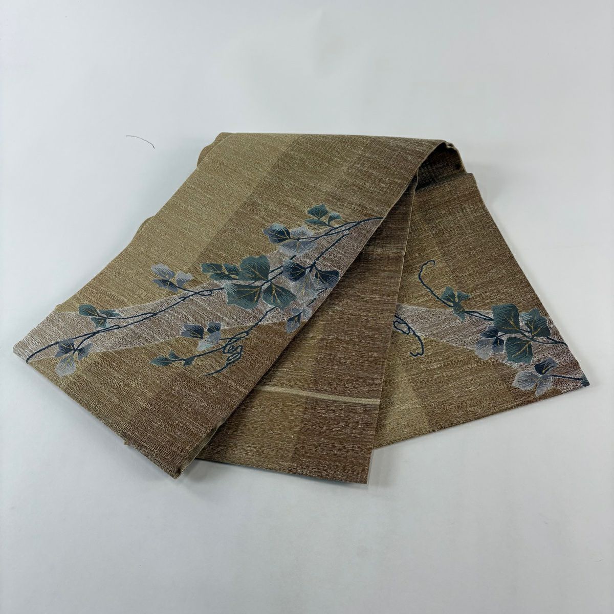 【美品】 袋帶 名品級 夏帶 雙面 葉紋 金絲 黃土色 大鼓紋 純蠶絲