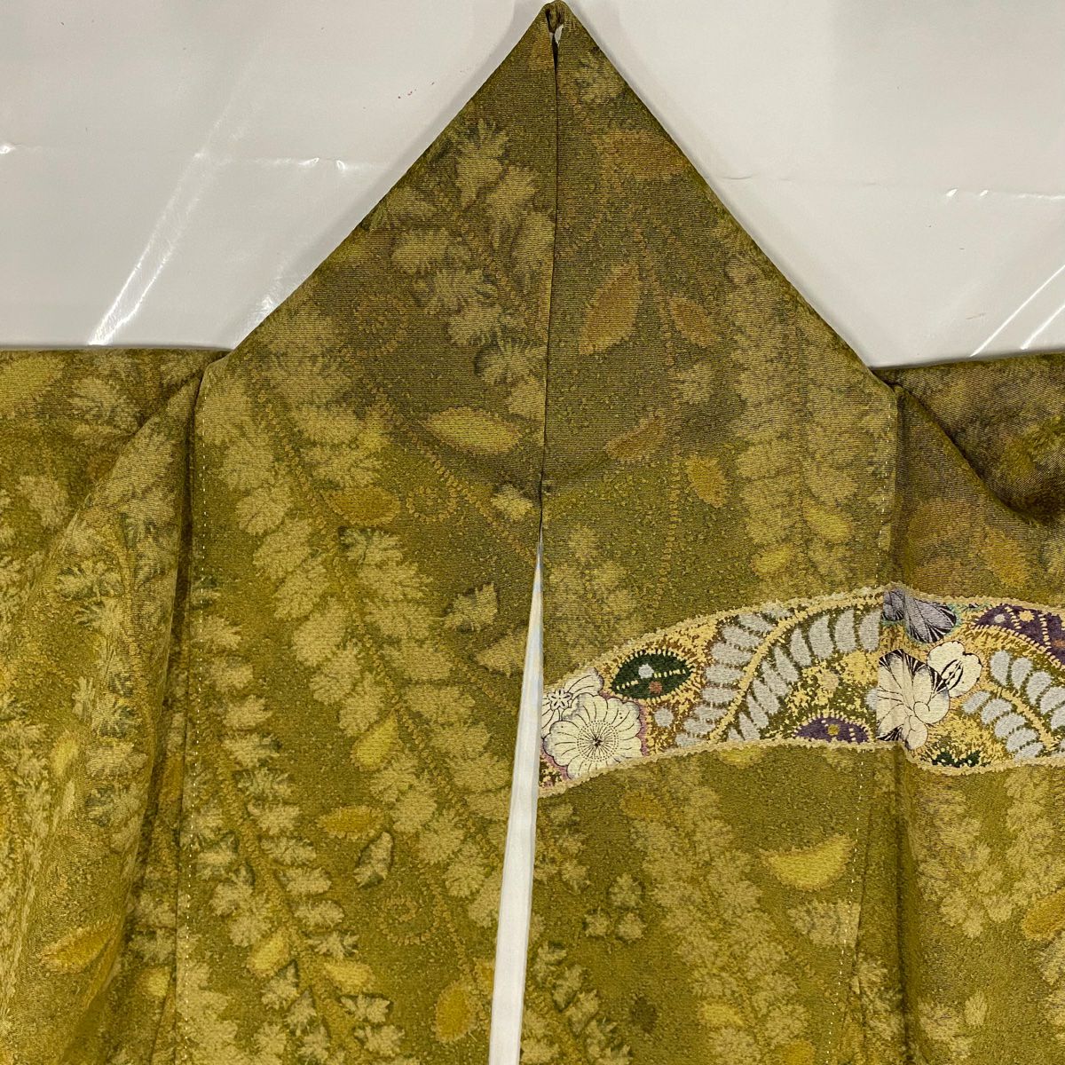 訪問服 身長154.5cm 袖長64cm M 雙層 辻花染圖案 霞 縮緬 鶯 純蠶絲 秀品級