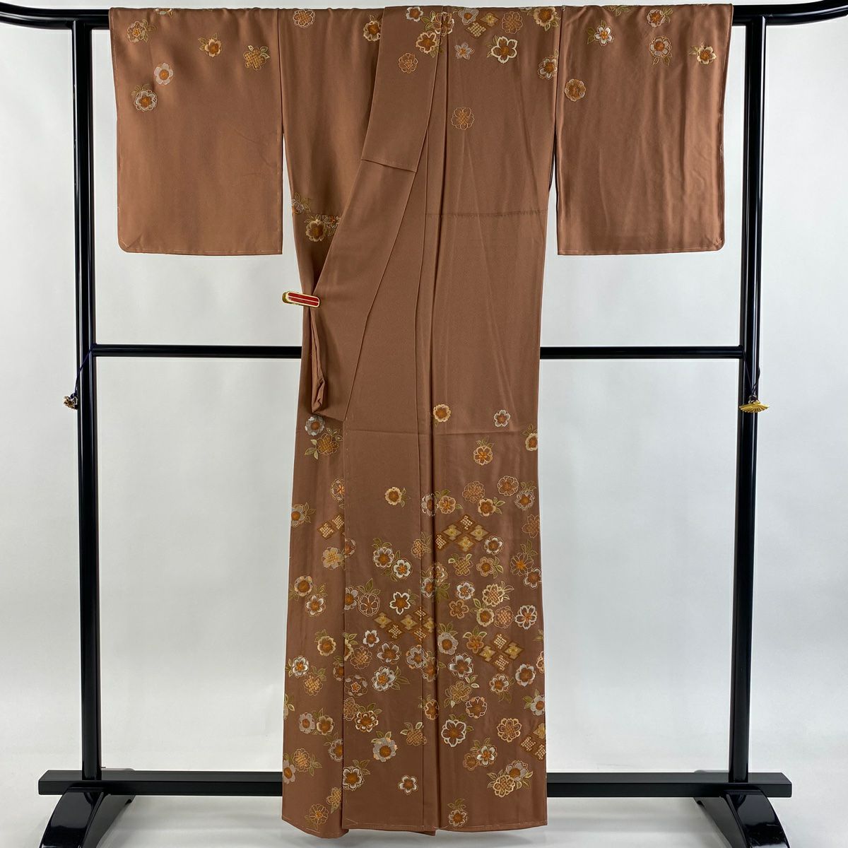 【美品】訪問服 身長160cm 袖長64cm M 雙層 附有落款 樱花 松樹川菱 刺繡 紅茶 純蠶絲 逸品級 一つ紋