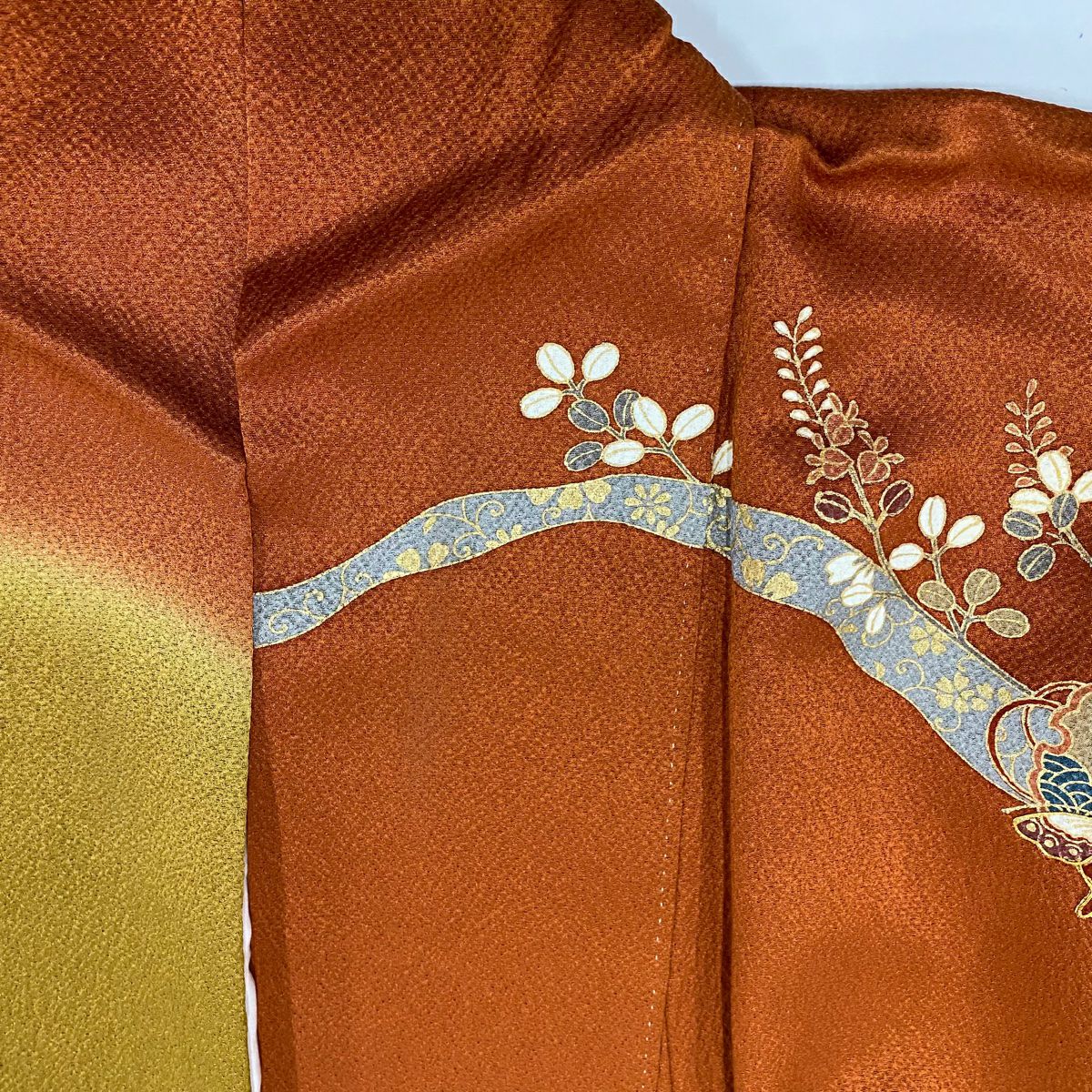 【美品】振袖禮服 身長160cm 袖長65.5cm M 雙層 鳳凰 松樹竹子梅花 金絲 金銀彩 紅茶 純蠶絲 秀品級