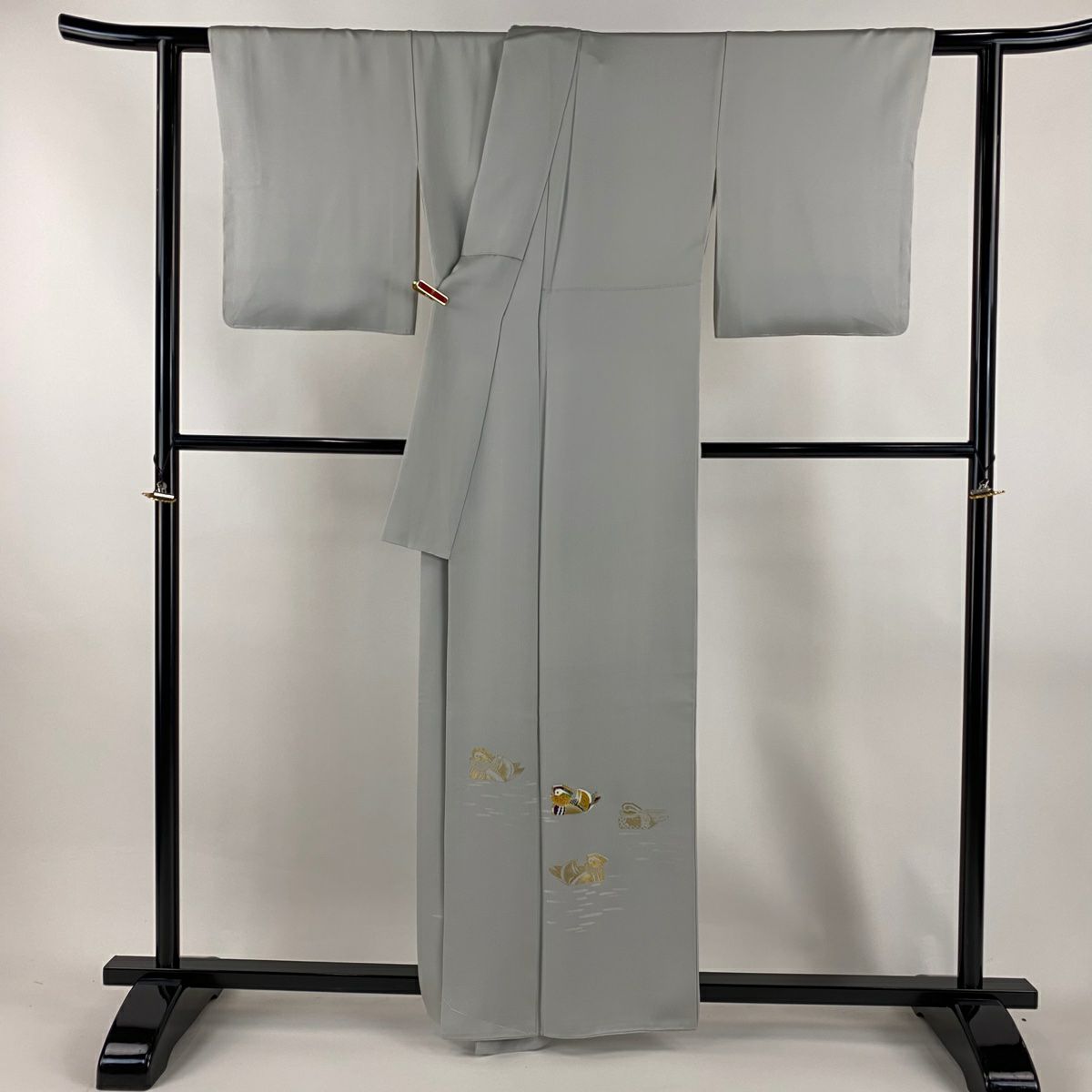 付下 身長159cm 袖長64cm M 雙層 人間國寶 羽田登喜男 落款 鴛鴦 金絲 金銀彩 灰 純蠶絲 逸品級 一個紋