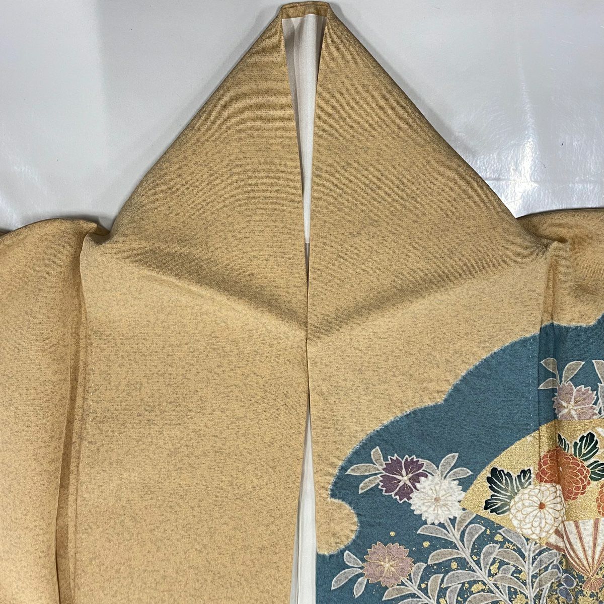 【美品】訪問服 身長157.5cm 袖長64cm M 雙層 扇子 草花紋紋 金糸 絞染 淺橙色 純蠶絲 名品級
