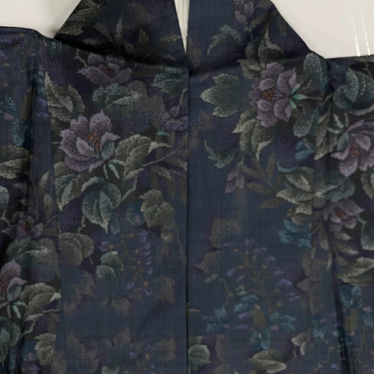 【美品】 紬織織 身長161.5cm 袖長66.5cm M 雙層 草花紋紋 深藍 純蠶絲 名品級