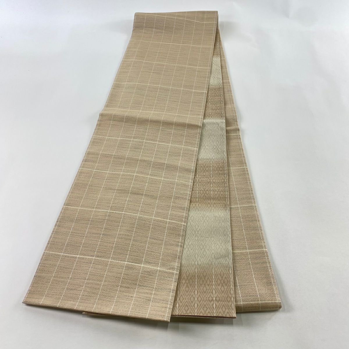 【美品】 袋帶 名品級 夏帶 條紋 銀線 粉米色 全通 純蠶絲