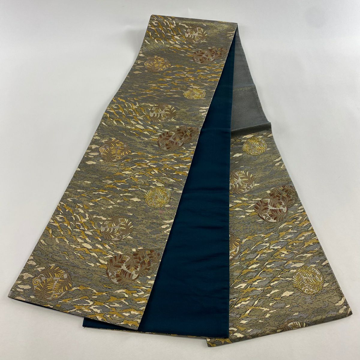 【美品】 袋帶 名品級 若松樹 霞 金絲 金金箔 青灰 六通 純蠶絲