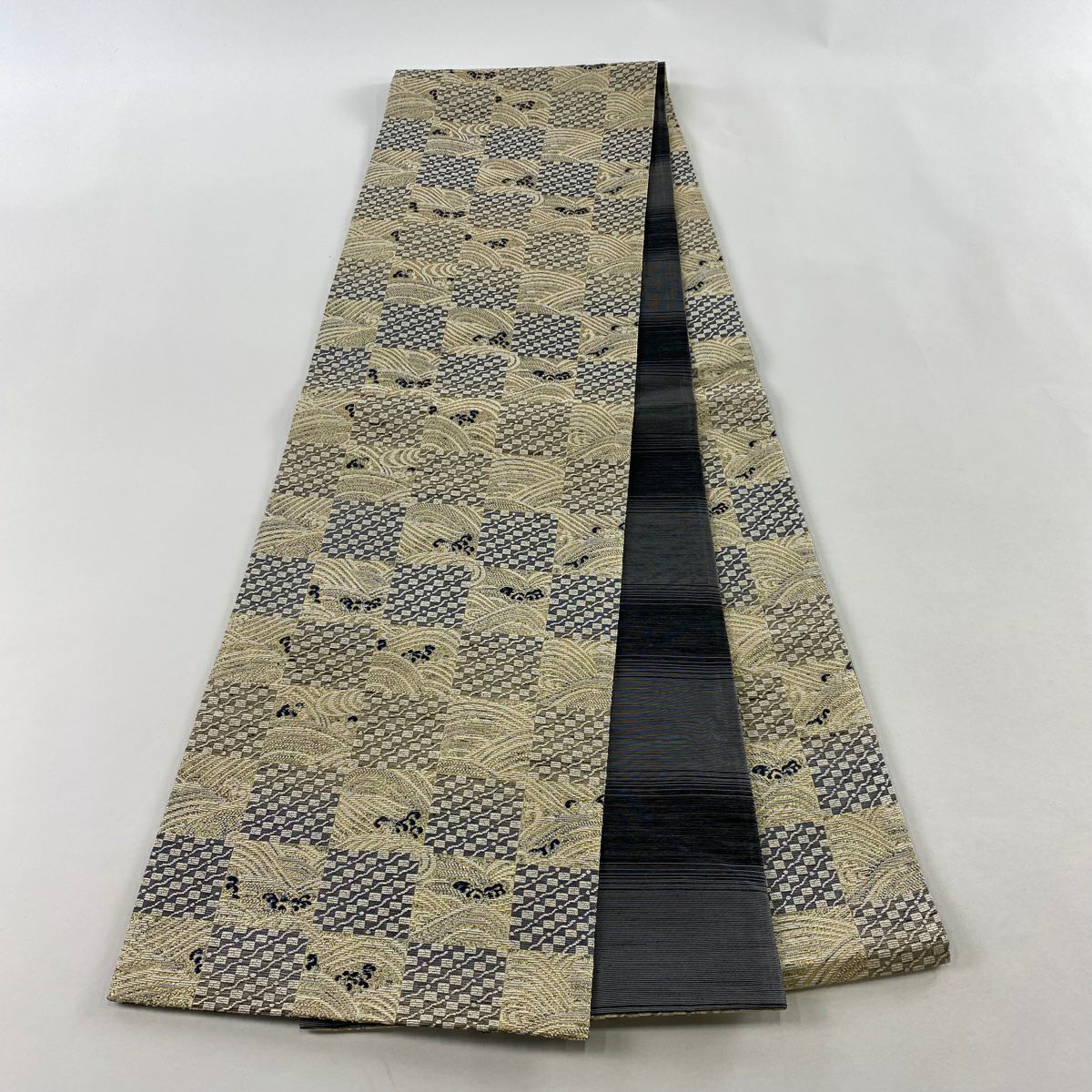 【美品】 袋帶 名品級 市松樹 波 金金箔 奶油 全通 純蠶絲