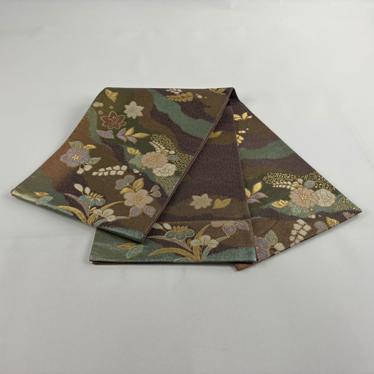 【美品】 袋帶 優品級 草花紋 道長取 金金箔 金絲 茶紫 大鼓圖案 純蠶絲