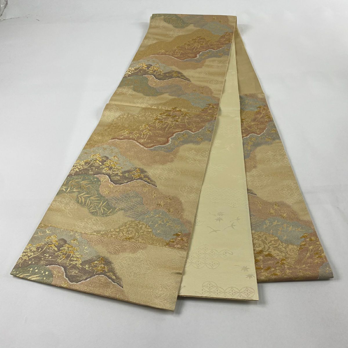 袋帶 秀品級 笠松樹 道長取 金絲 金金箔 米色 六通 純蠶絲