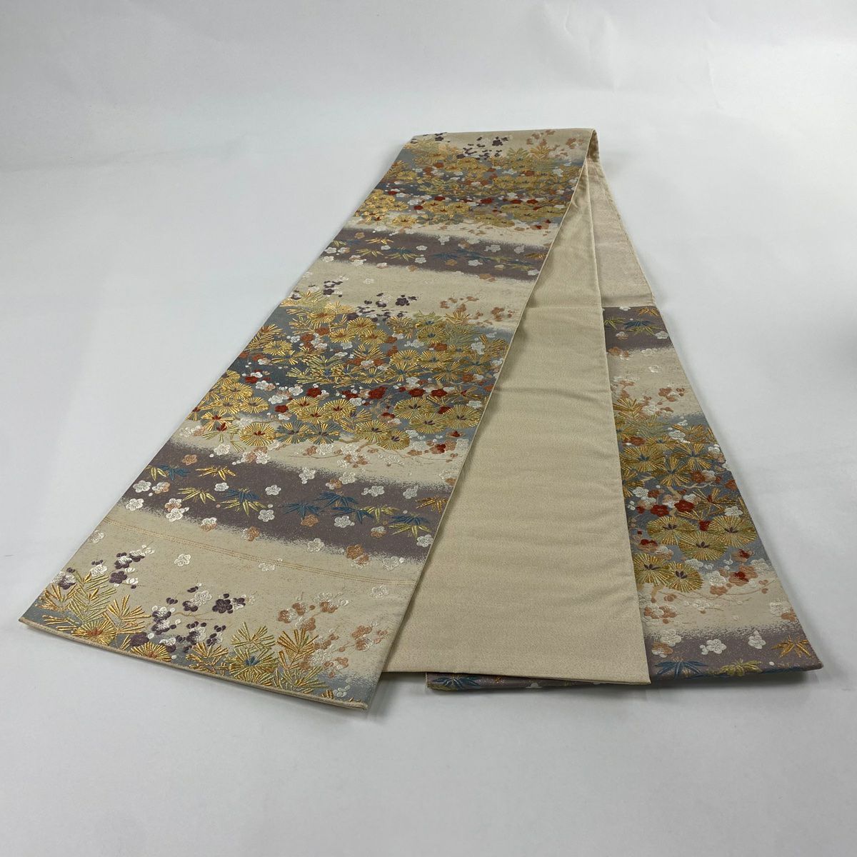 袋帶 秀品級 關西仕立 松樹竹子梅花 金糸 金金箔 奶油 六通 純蠶絲