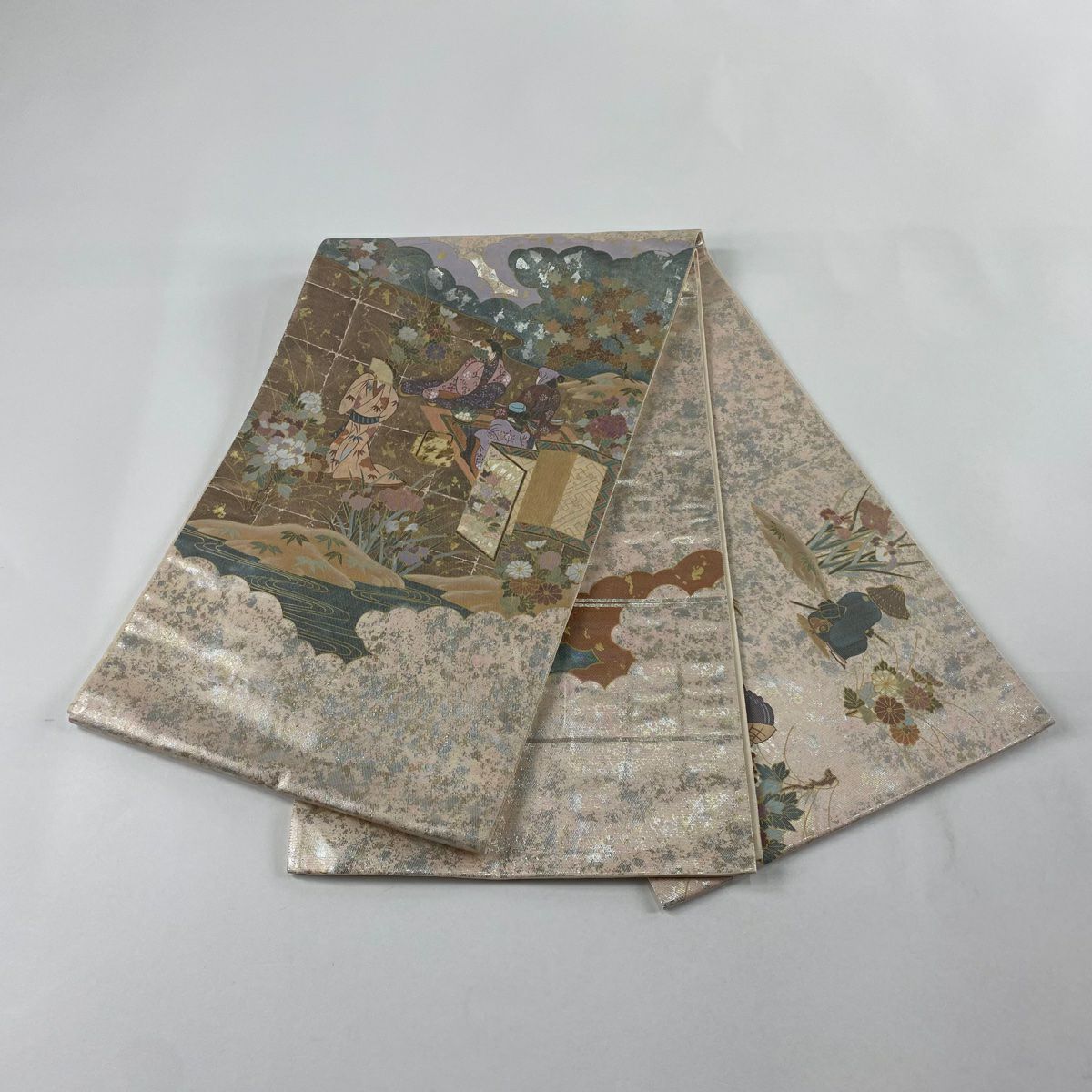 袋帶 秀品級 關西仕立 單層 草花紋紋 金金箔 淺豆色 大鼓圖案 純蠶絲