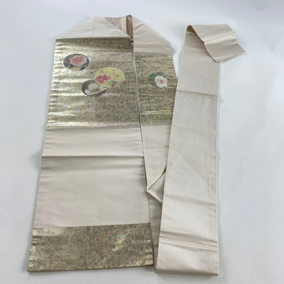 名古屋帶 秀品級 枝花 圓紋 金金箔 金銀彩 淺粉色 純蠶絲