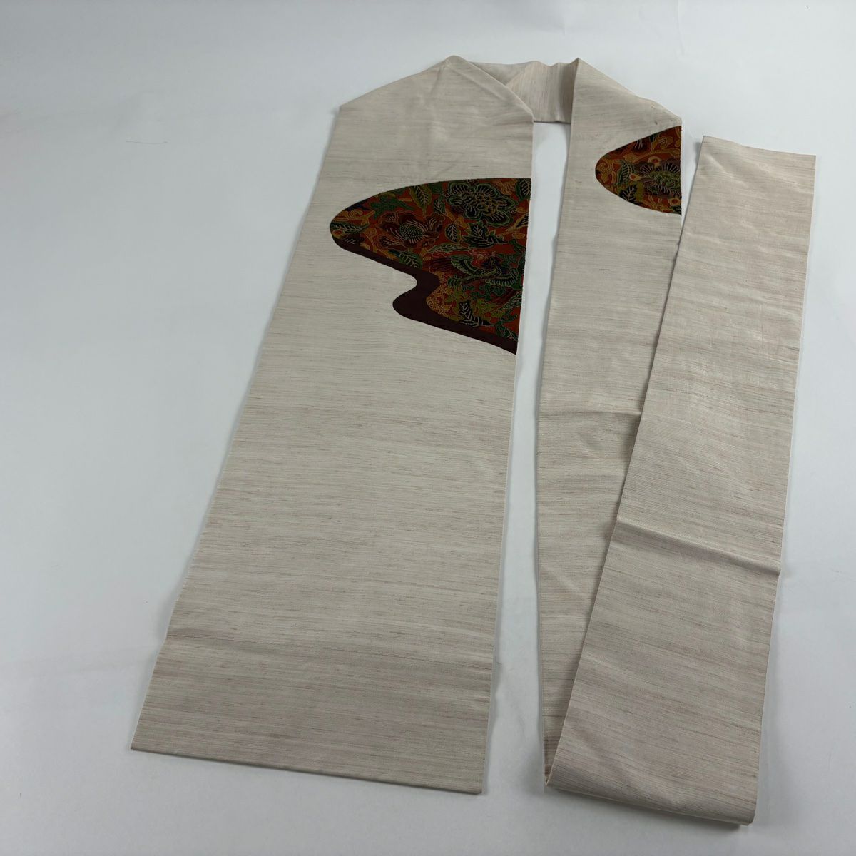 名古屋帶 秀品級 草花紋刺繡 米色 純蠶絲