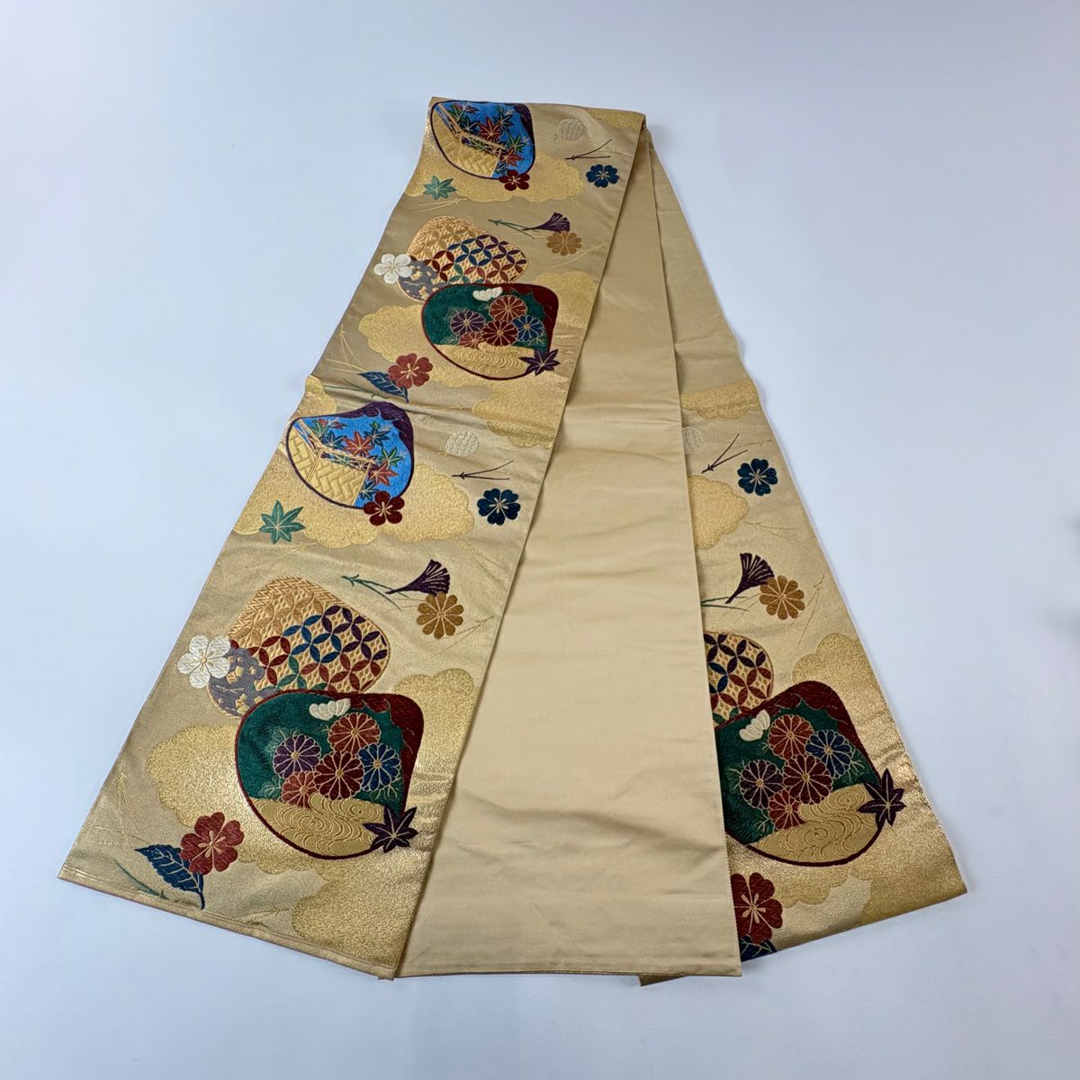 袋帶 秀品級 貝合草花紋 金絲 金金箔 金 六通 純蠶絲