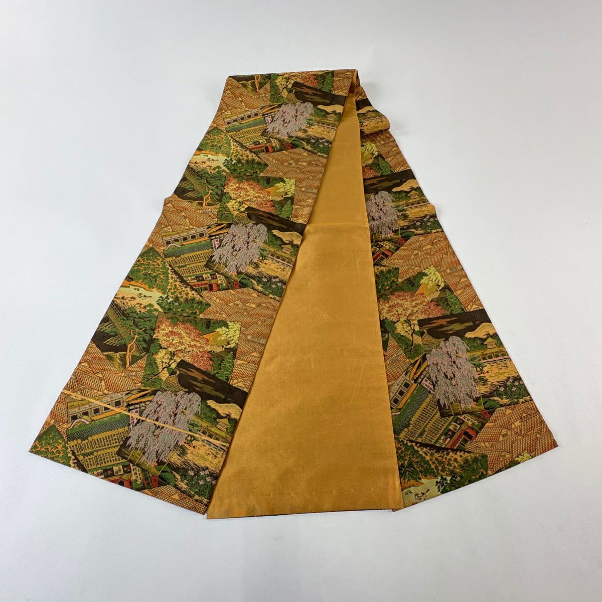 【美品】 袋帶 秀品級 落款あり 色紙 風景 橙色 全通 純蠶絲