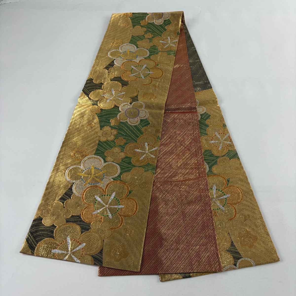 【美品】 袋帶 秀品級 振袖禮服禮服用 梅花花 金銀彩 金金箔 金色 六通 純蠶絲