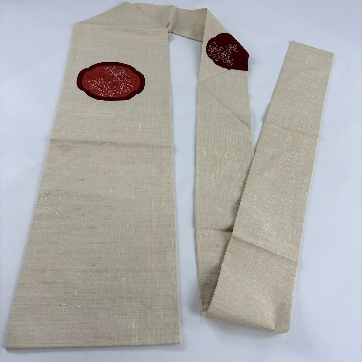 【美品】名古屋帶 秀品級 紬織織 草花紋刺繡 米色 純蠶絲