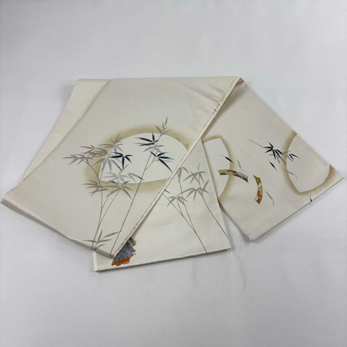【美品】 袋帶 秀品級 有落款 竹子葉 短冊 金銀彩 奶油色 大鼓圖案 純蠶絲