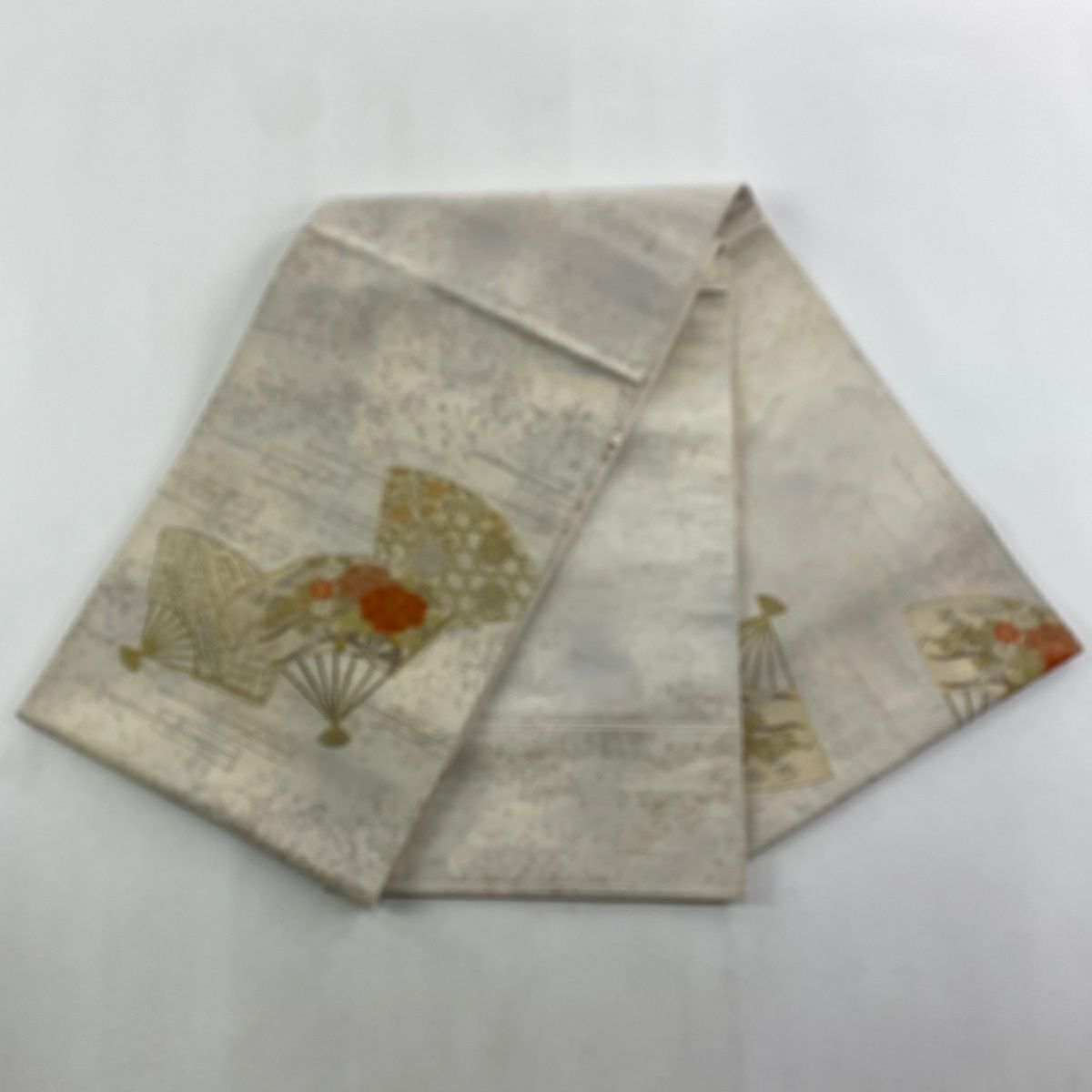 袋帶 秀品級 關西仕立 雙層 扇子 草花紋 金銀彩 奶油色 大鼓圖案 純蠶絲