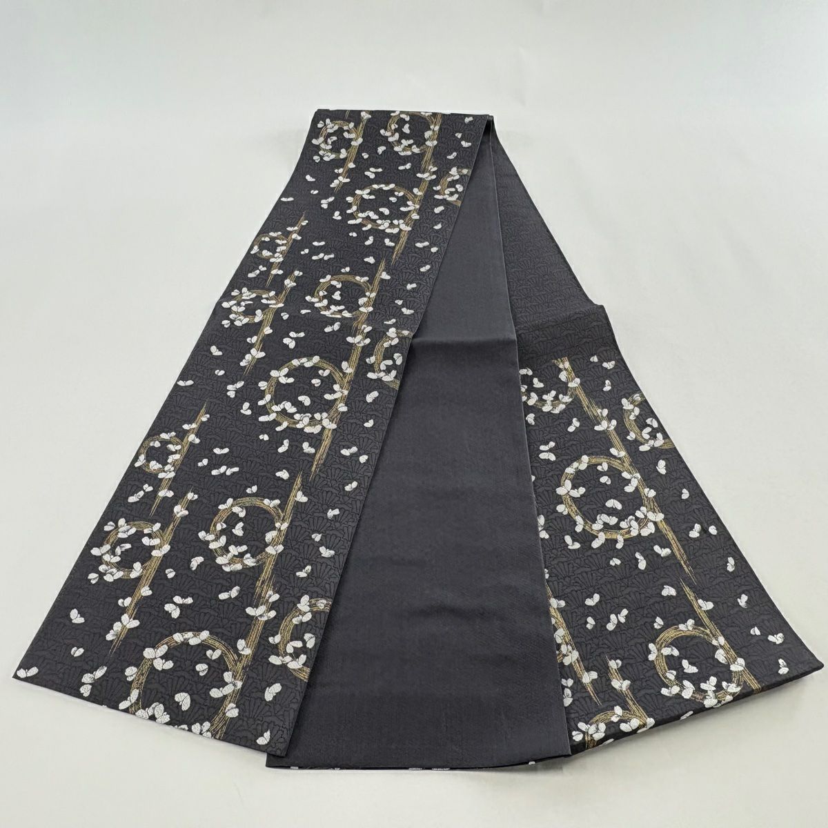 【美品】 袋帶 名品級 漢方染 花瓣 幾何圖案 金金箔 刺繡 深紫 六通 純蠶絲
