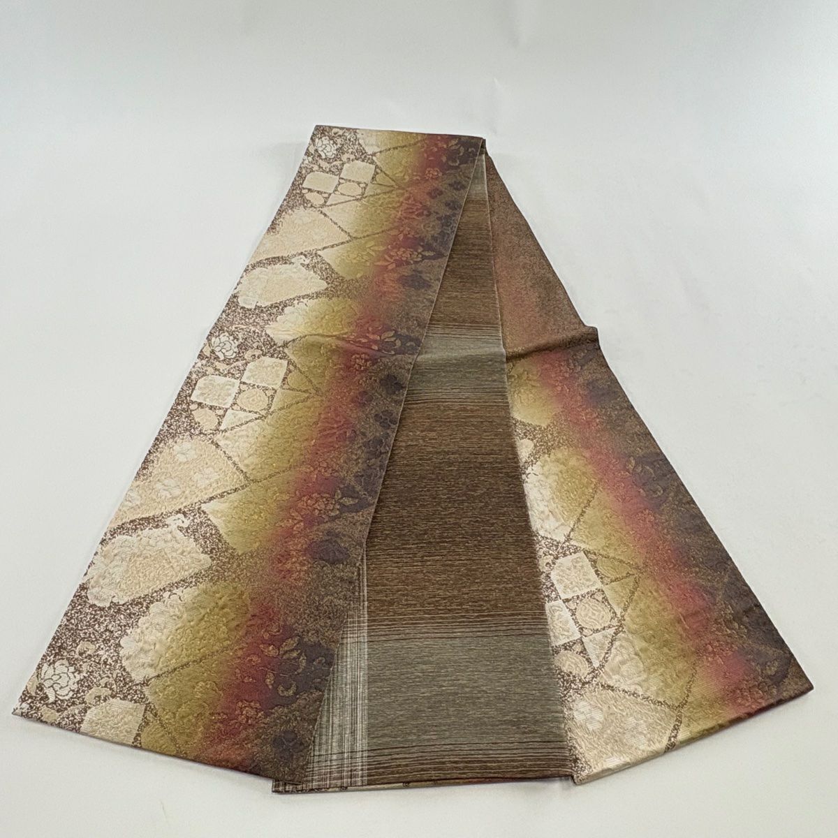 【美品】 袋帶 名品級 本泥染袋帶 草花紋紋 七寶紋 金金箔 金絲 茶 六通 純蠶絲