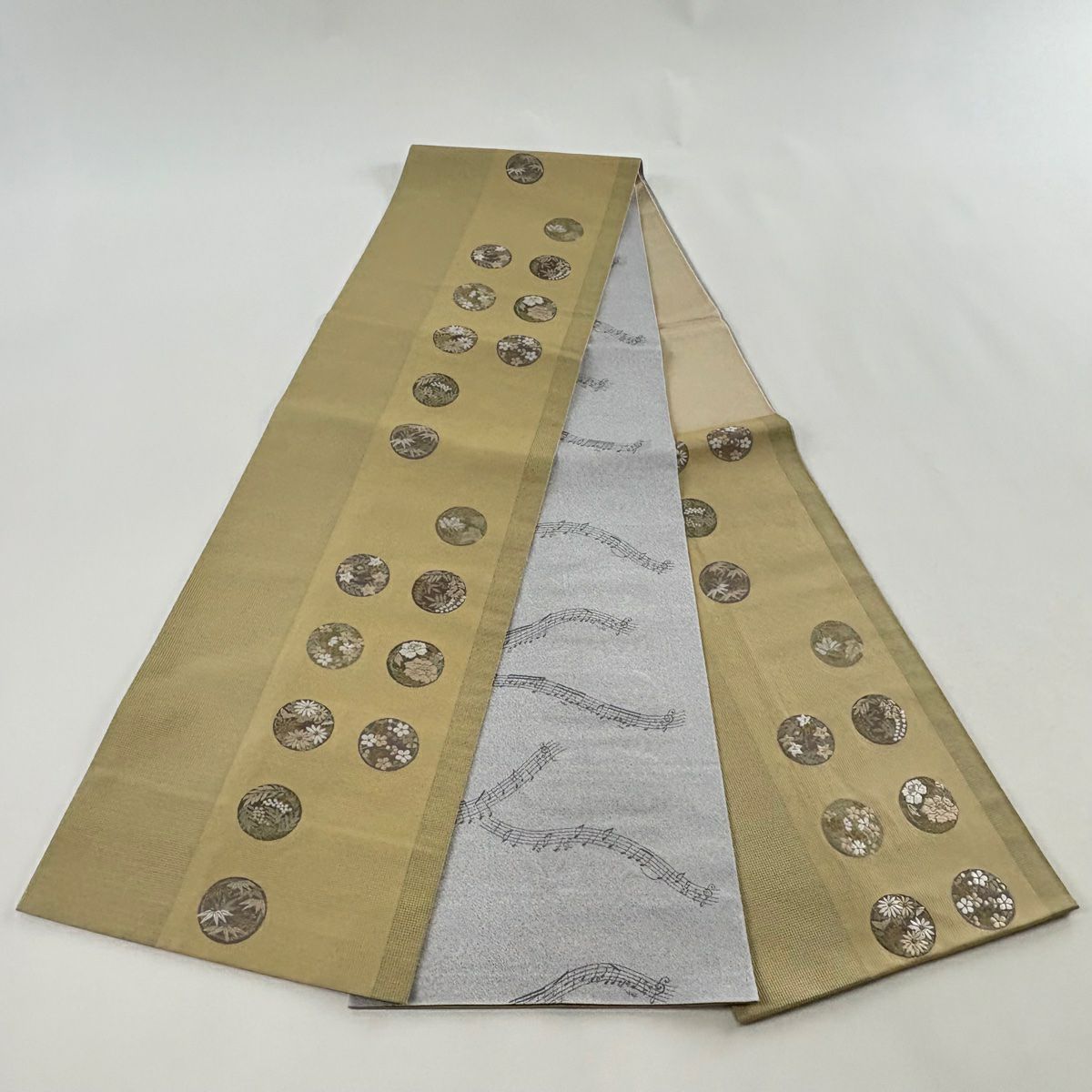 袋帶 名品級 花丸紋 格子 金銀線 金金箔 米色 六通 純蠶絲