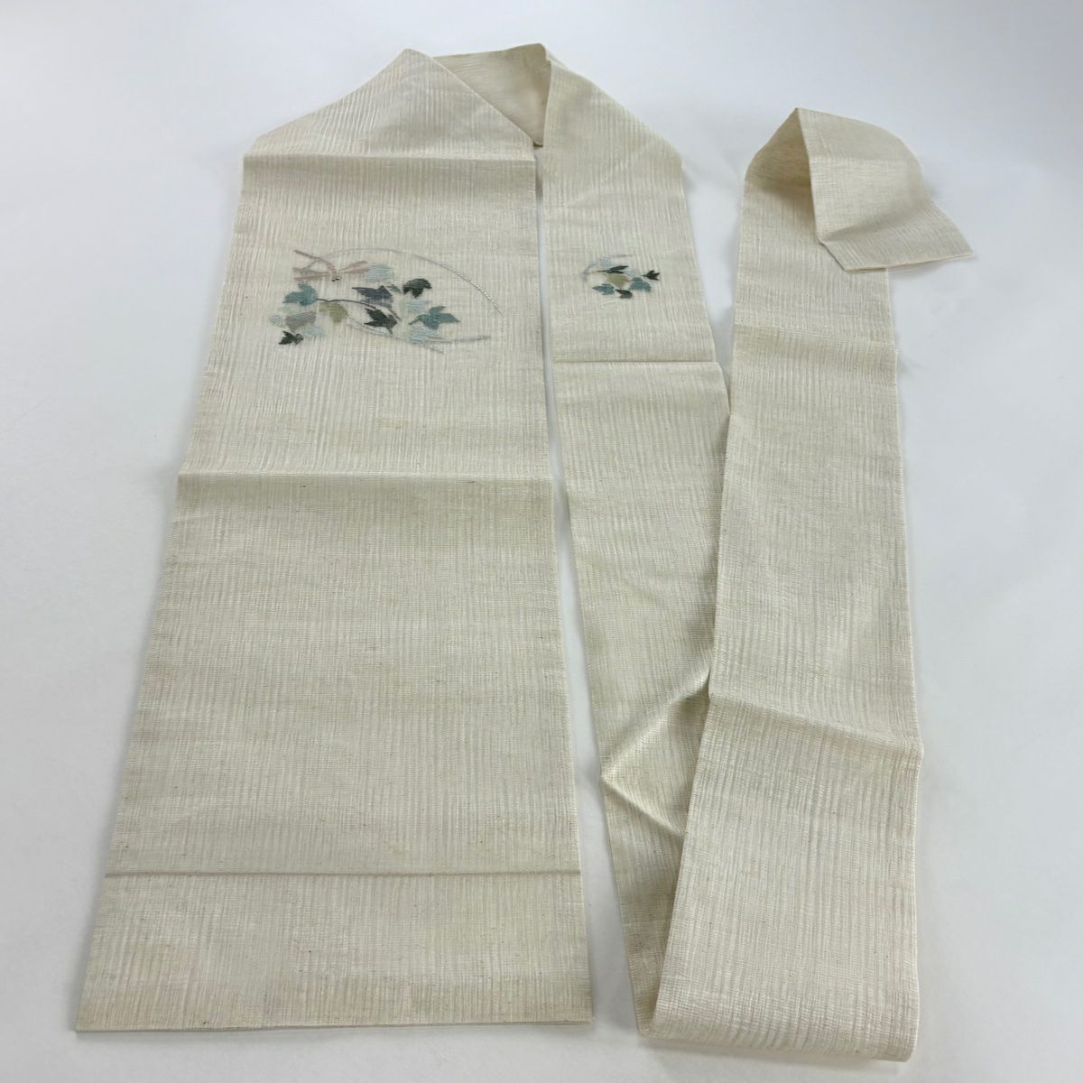 名古屋帶 名品級 夏帶 夏紬織地 螳螂 葉紋 銀線 灰白 純蠶絲