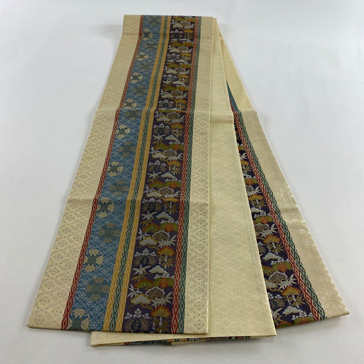 【美品】 袋帶 名品級 華紋 松樹 金絲 刺繡 淺茶 深色 六通 純蠶絲