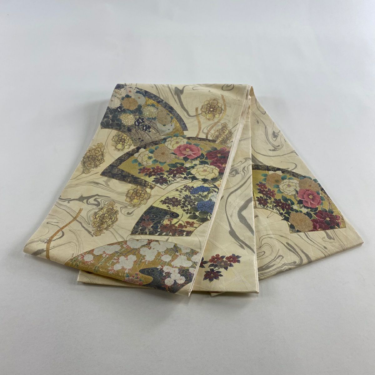 袋帶 秀品級 扇子面 草花紋 金銀彩 金金箔 米色 大鼓圖案 純蠶絲