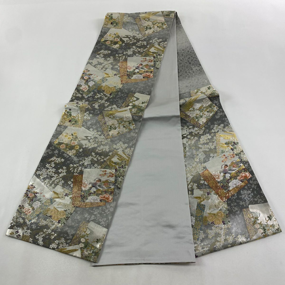 【美品】 袋帶 秀品級 色紙 鴛鴦 金金箔 唐織 灰 深藍 六通 純蠶絲