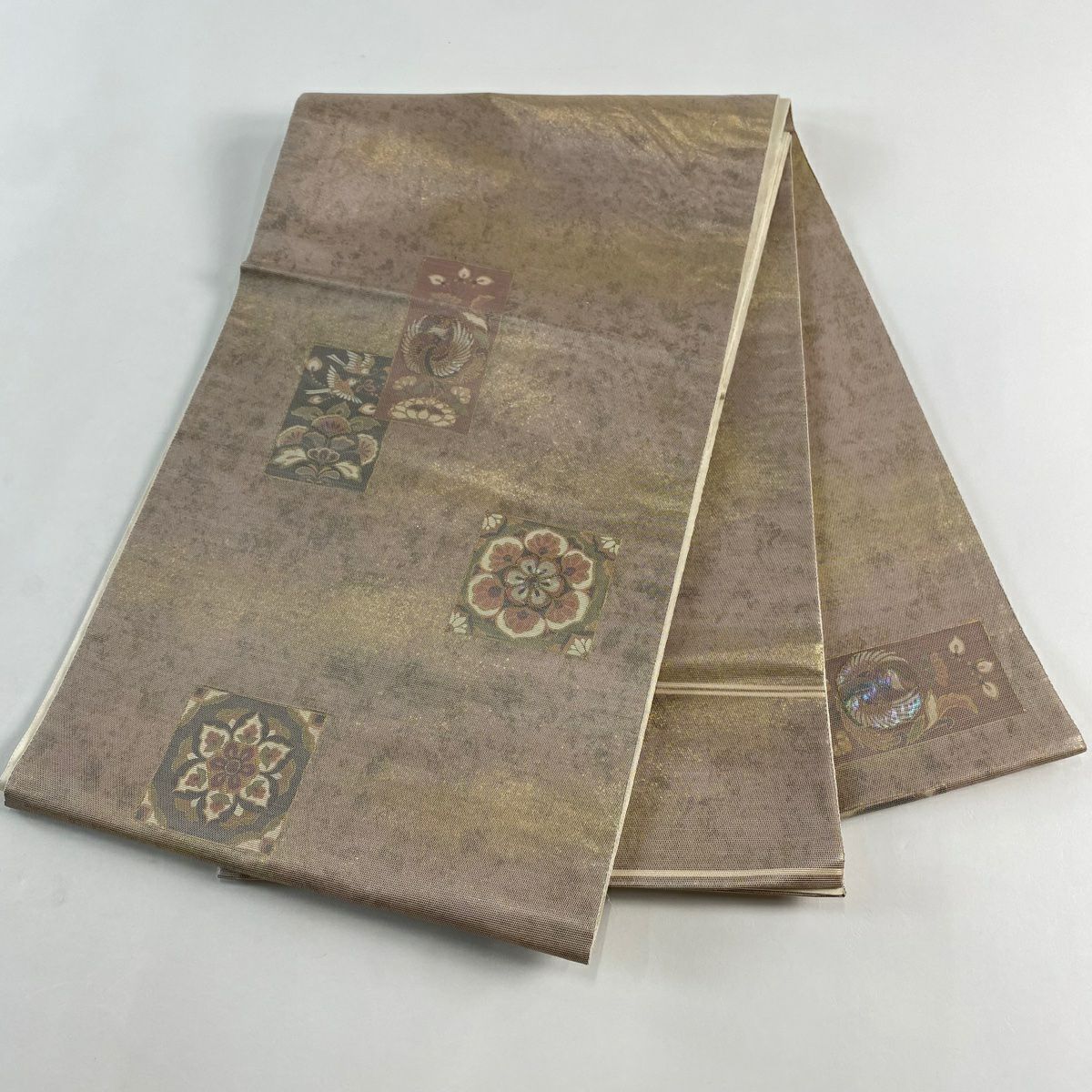 袋帶 秀品級 關西仕立 雜花紋 花鳥 螺鈿金金箔 金金箔 淺小豆 大鼓紋 純蠶絲