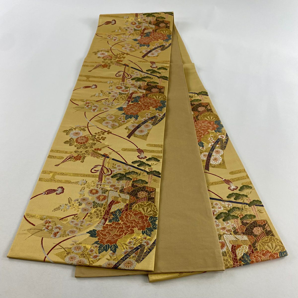 【美品】 袋帶 秀品級 御所車 草花紋 金糸 金金箔 黃土色 六通 純蠶絲