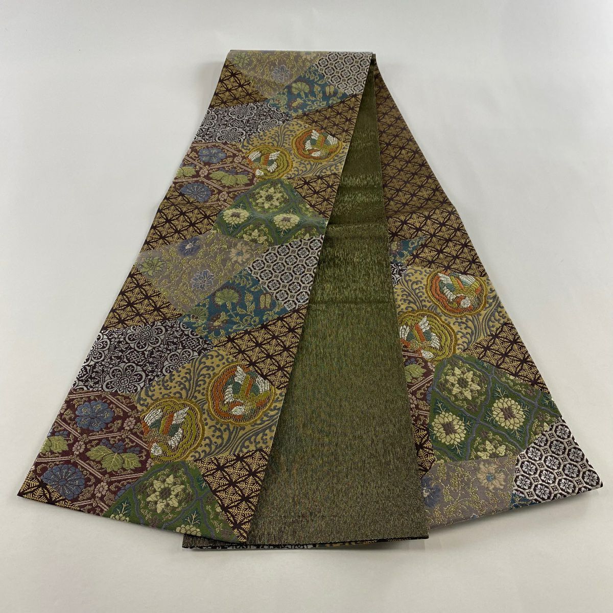 【美品】 袋帶 秀品級 草花紋紋 鳥 金絲 金金箔 紫 六通 純蠶絲