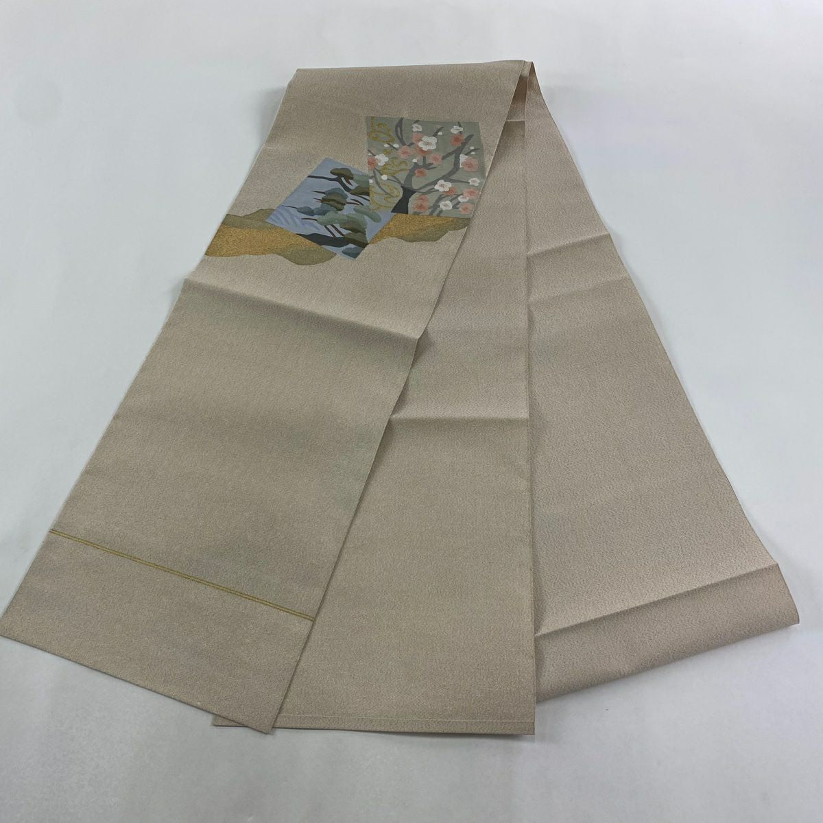 【美品】 名古屋帶 秀品級 八寸名古屋帶 色紙 松樹梅花 金絲 米色 純蠶絲